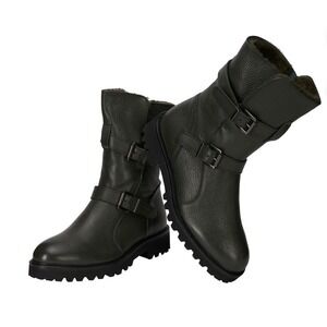 Diane B. Dark Green Pebbled Nappa Leather Shearling Lined Moto Buckle Boots 41